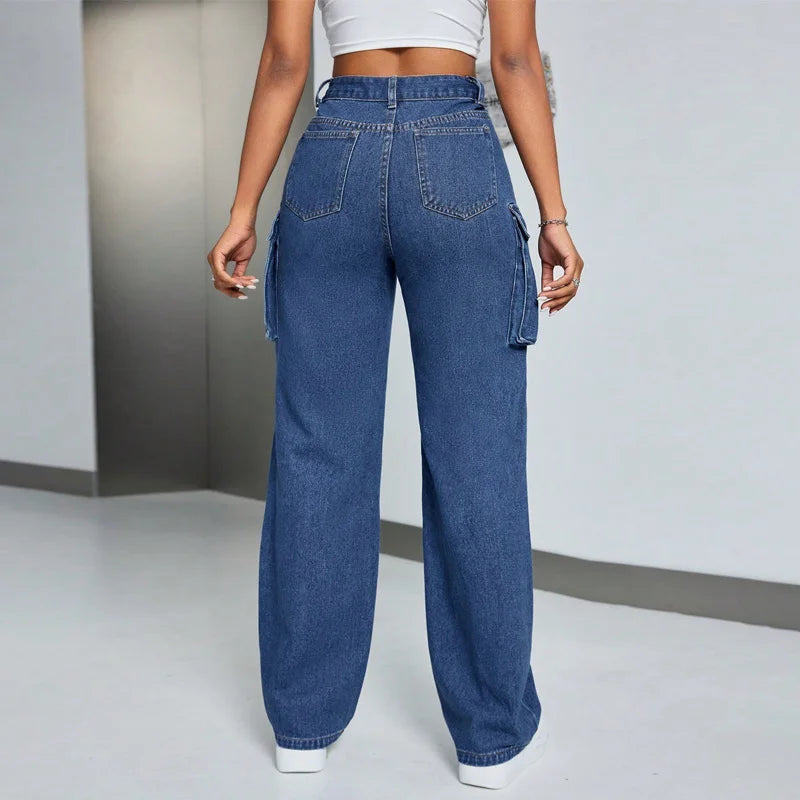 Benuynffy High Waist Multi-pocket Loose Cargo Jeans Women's Streetwear Casual Zipper Fly Washed Straight Leg Denim Pants