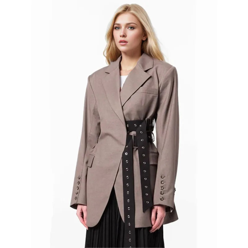 Solid Temperament Jacket Spliced Belt Blazer Women Notched Collar Long Sleeve Outerwear Patchwork Button Elegant Blazers Female