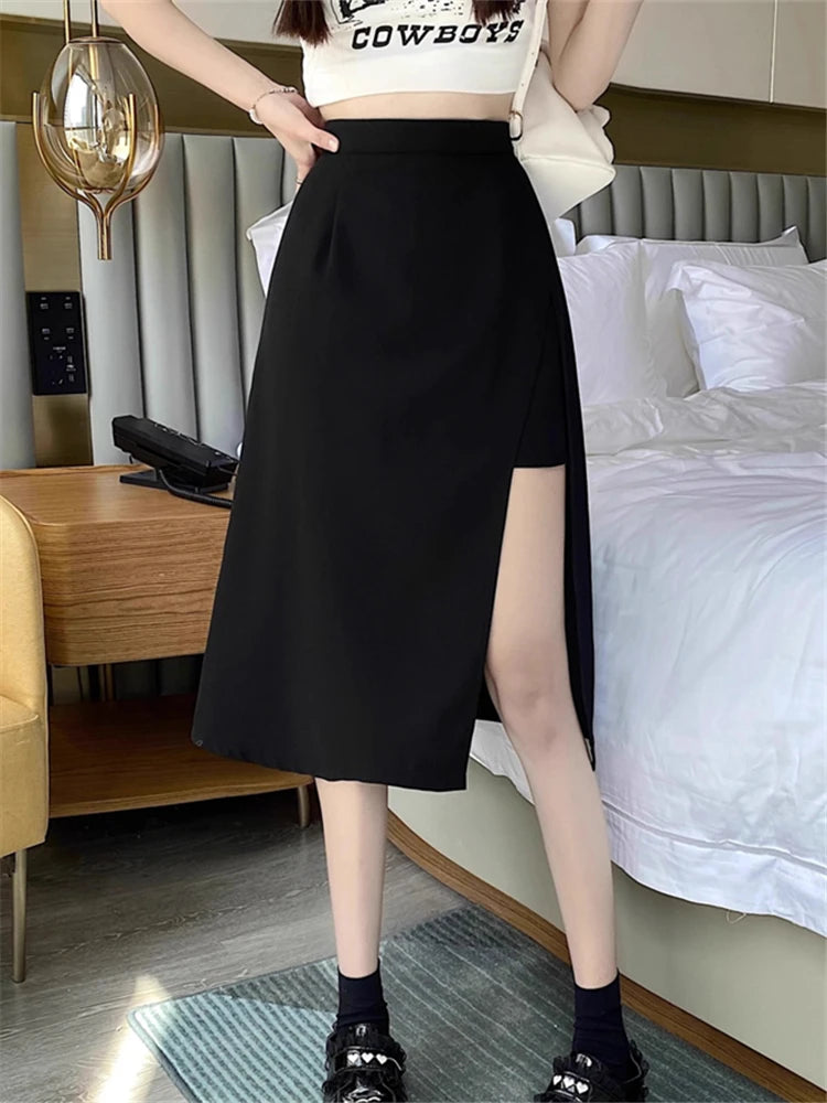 High-Waist Irregular Slit Black Skirt for Women