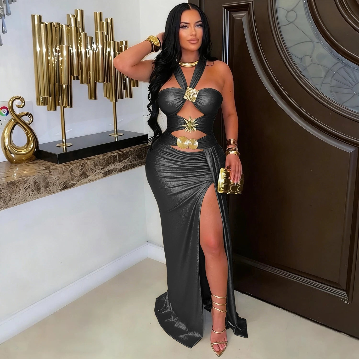 CM.YAYA Women Gilding Halter Strapless Ruched Bodycon Maxi Long Dress