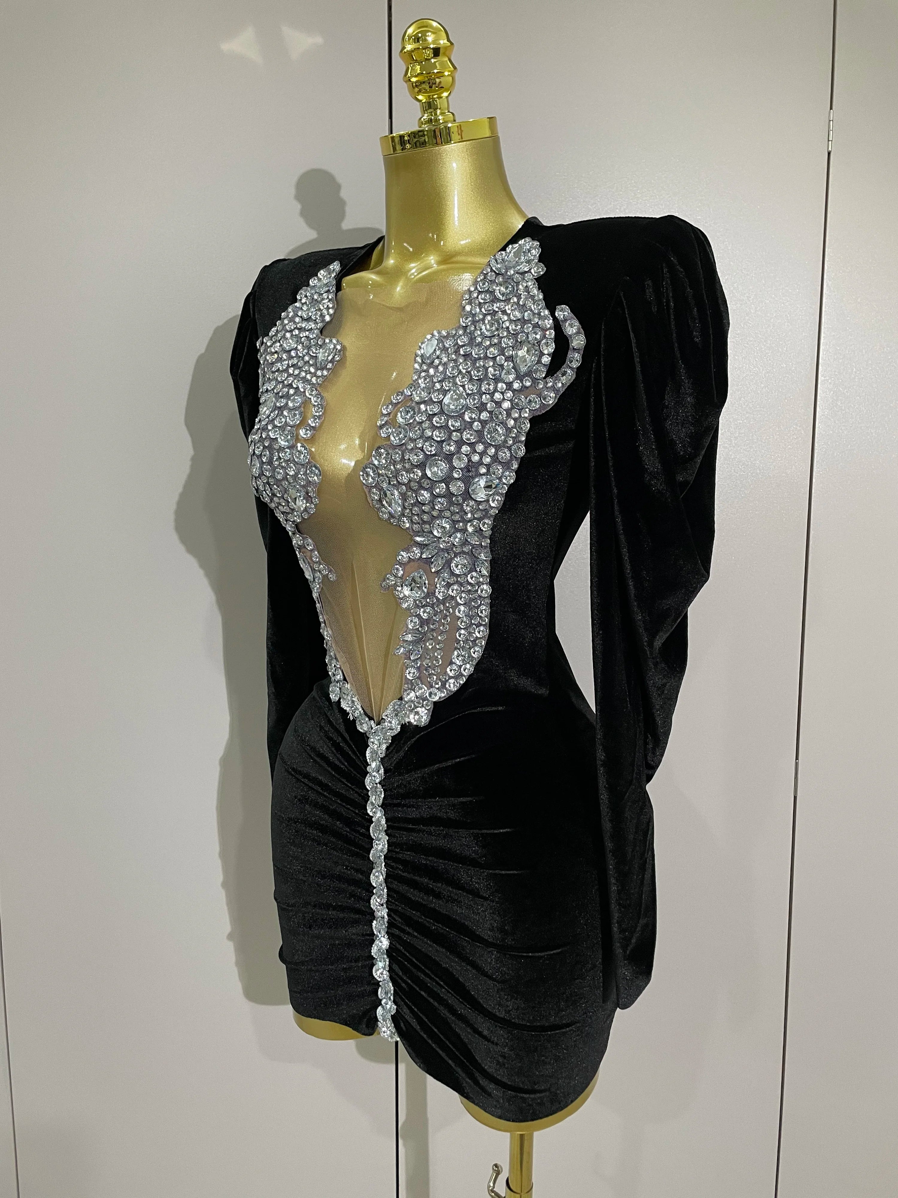 Sparkly Crystals Sexy Mesh Black Velvet Short Dress 2025 Women Elegant Evening Prom Luxury Birthday Party Dresses Stage Costume