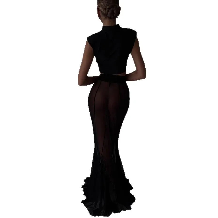 New Cross-Border Long Sleeve Satin Top Set Loose Elastic Mesh Half Skirt Two Piece Set Polyester Fiber Floor-Length Skirt