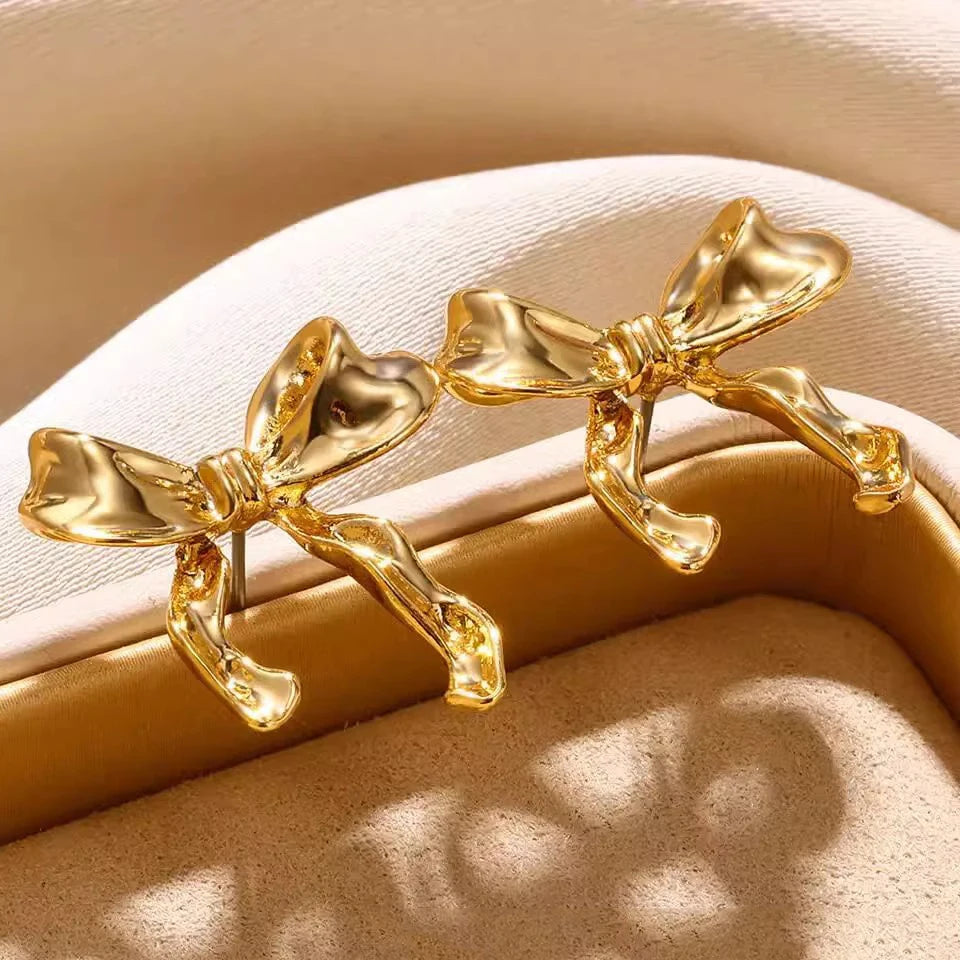 Gold Ribbon Bow Knot Earrings