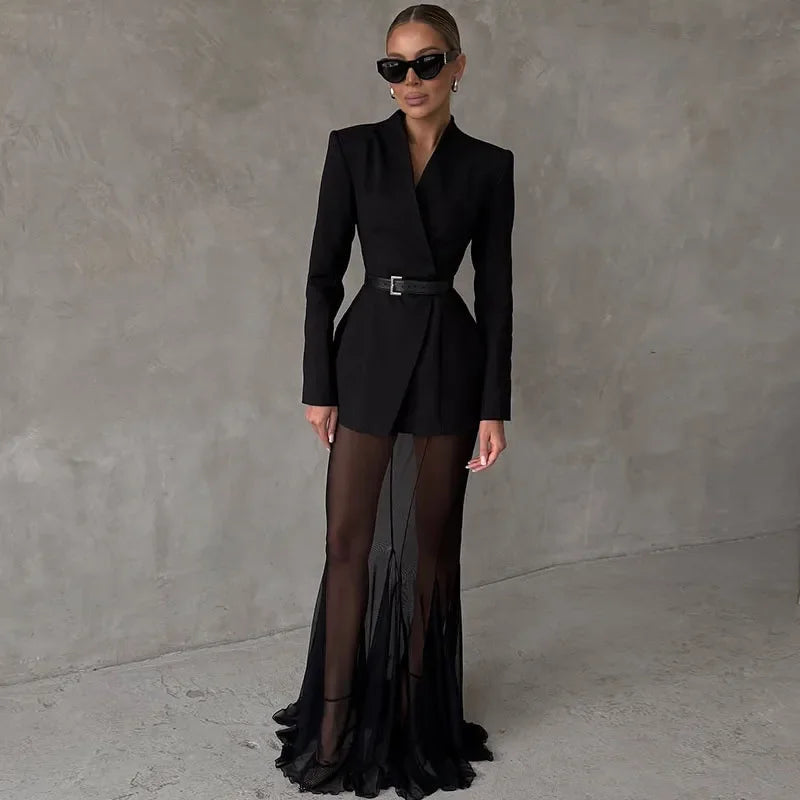 Blazer Skirt Set Women Solid One Button Suit Coat Pleated See Through Fishtail Skirts Outfit Spring Elegant Lady Party Suit