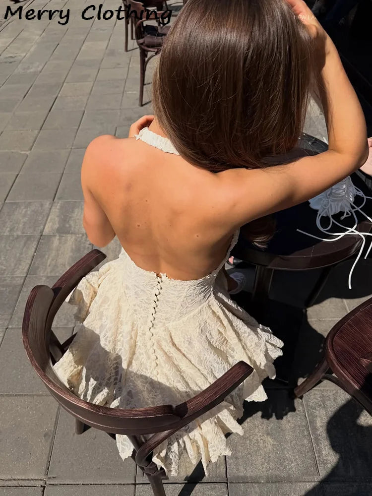 V Neck Halter Lace Mini Skirt Women Fashion Waist Cinched A Line Dress