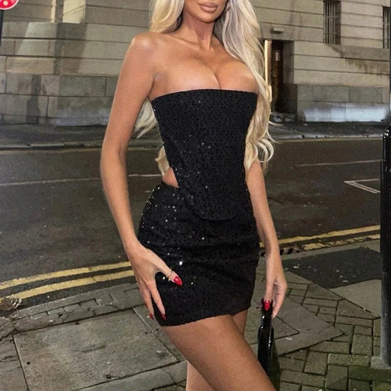 Sexy Ladies Strapless Top and Mini Skirt Suit Fashion Club Party Solid Sequin Outfit Casual 2025 Off Shoulder Slim Two Piece Set