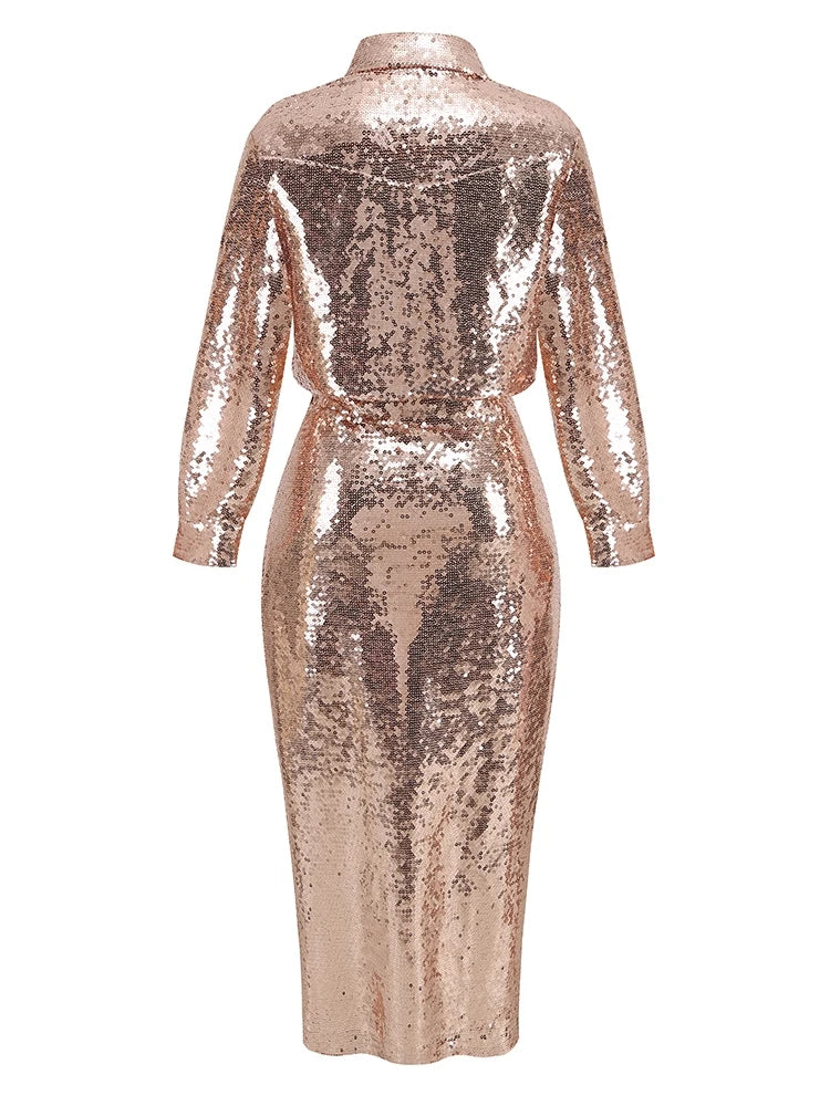 Autumn Women Sequins Two Piece Set Sexy Gold Long Sleeve
