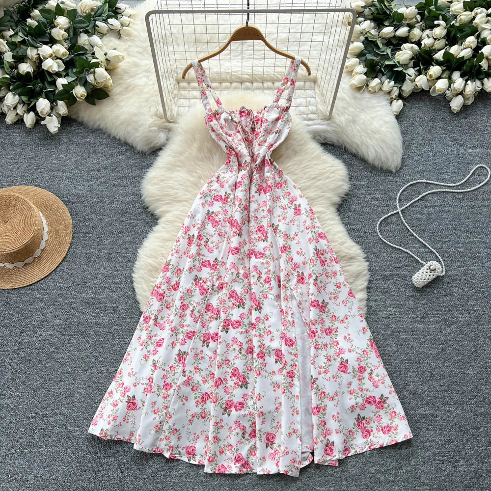 Vintage sexy split Ruched Dress Chic Summer Beach
