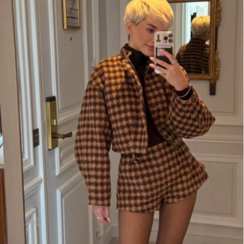 2025 Spring Retro Plaid Women Sets Casual Chic Full Sleeve