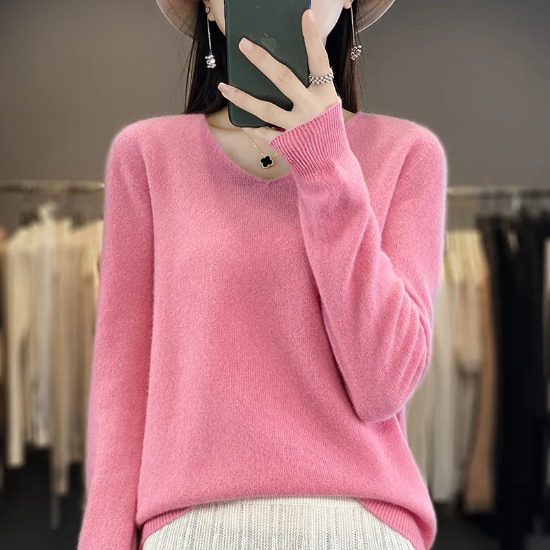 100% Merino Wool V-Neck Sweater for Women