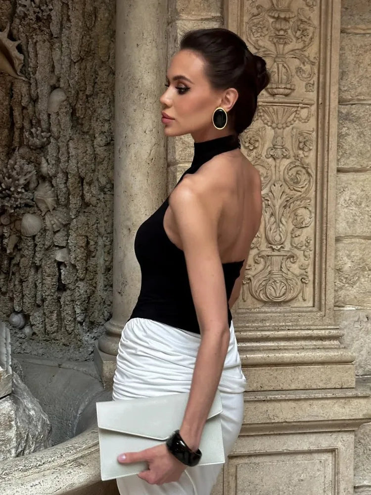 Tossy Pleated Contrast Backless Long Dress Women Sleeveless Patchwork High Waist Halter Sexy Party Dress Female Bodycon Dress