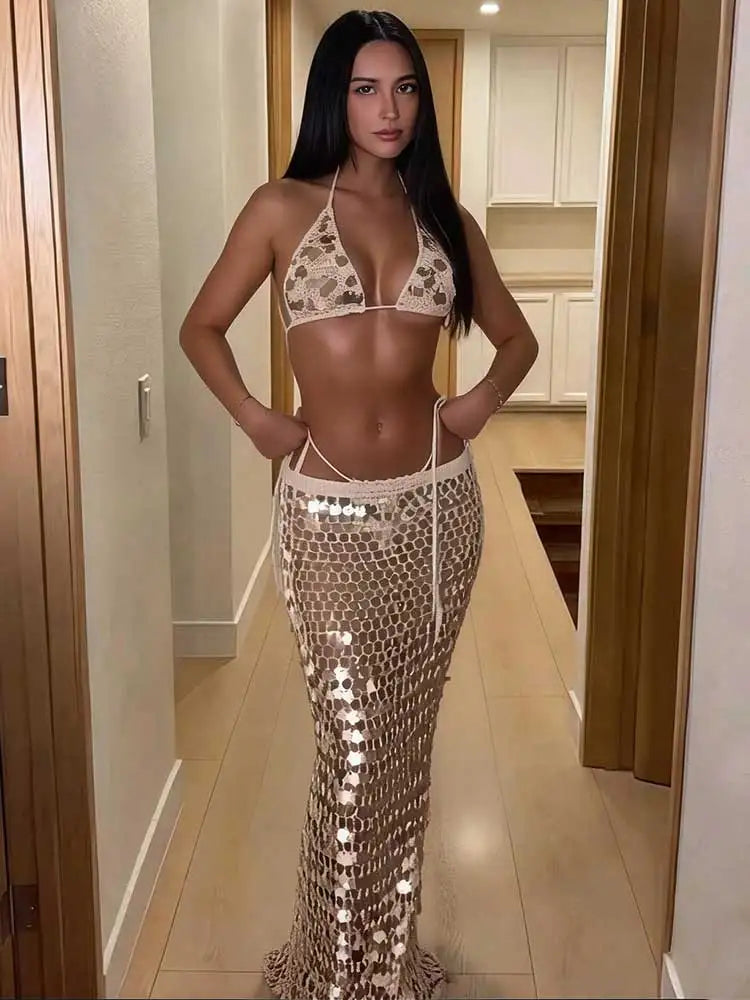 GACVGA Sexy Sequin Crochet 3 Pieces Bikini Set Hollow Out Lace Up