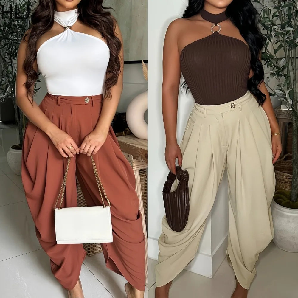 HLJ Fashion Loose Flower Bud Pants Women Solid Color Ruched Patchwork High Waist Long Pants Female Streetwear Trousers 2025 New