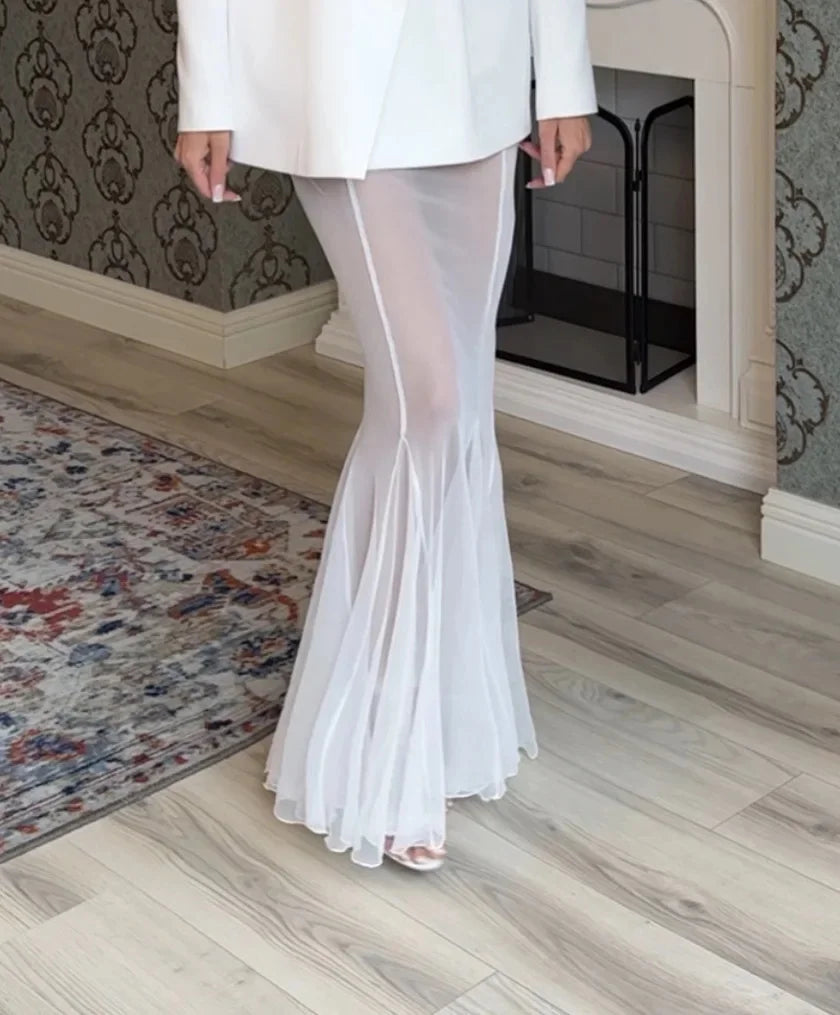 New Cross-Border Long Sleeve Satin Top Set Loose Elastic Mesh Half Skirt Two Piece Set Polyester Fiber Floor-Length Skirt