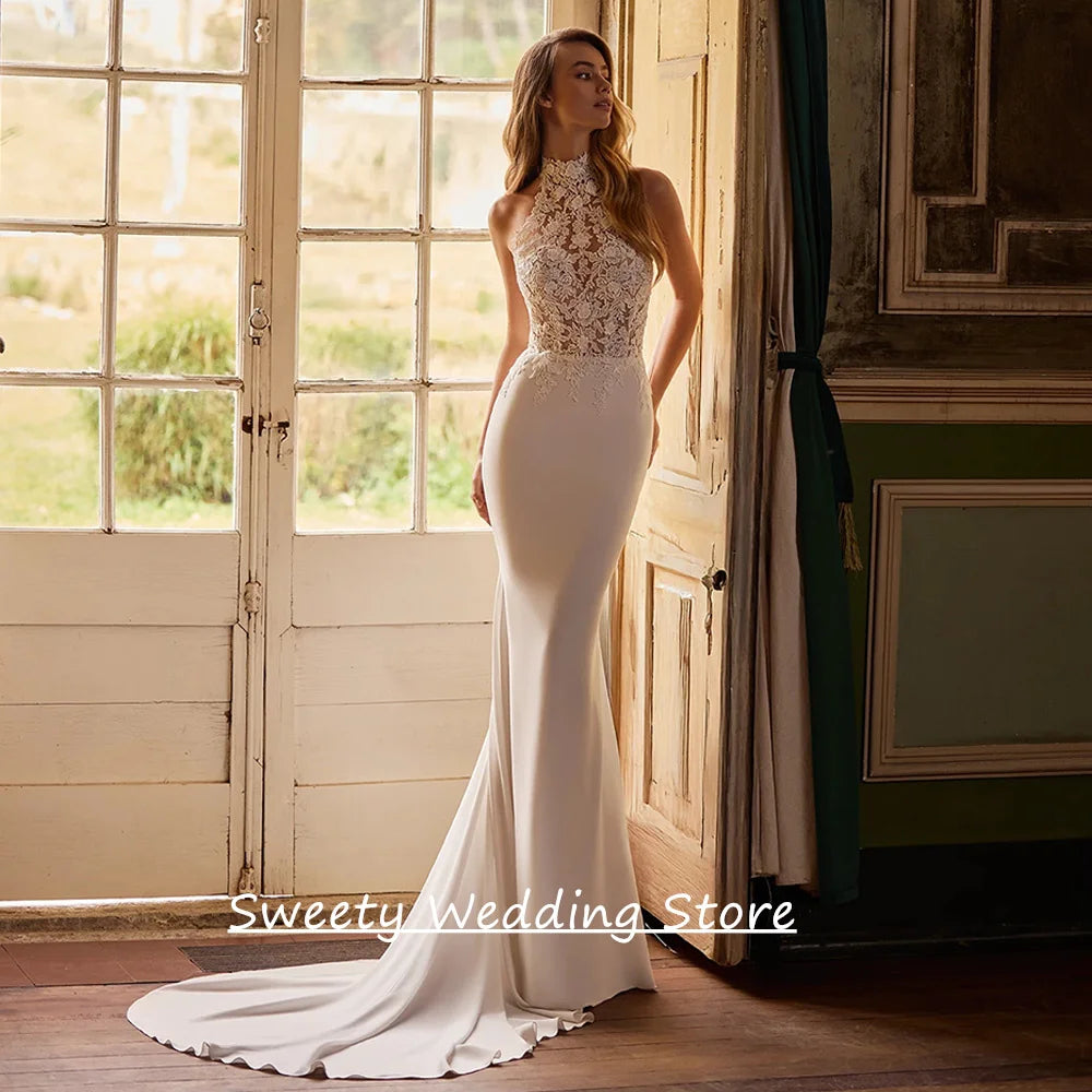 Sexy Mermaid Wedding Dress Backless Customized Halter Sleeveless See Through Lace