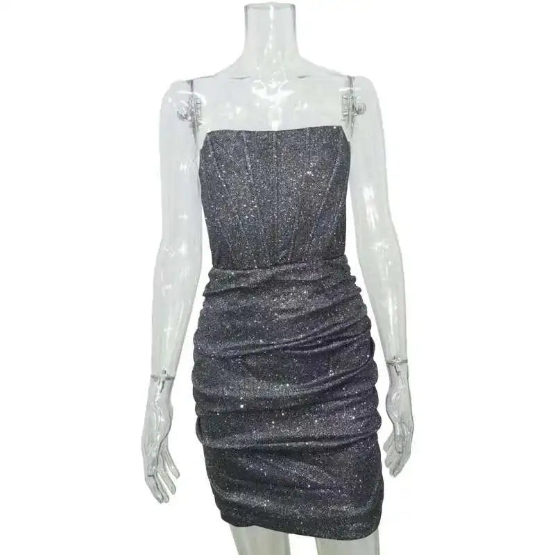 Sliver Glitter Sexy Dress Women Strapless Skeleton Mini Summer Bodycon Dress
