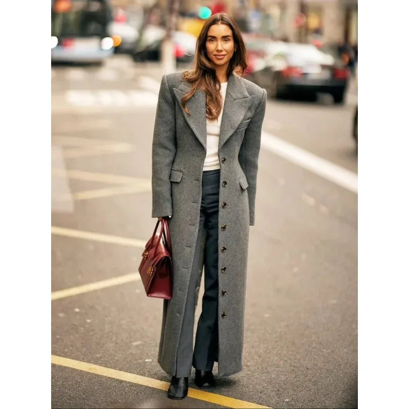 Solid Waist Cinching Woolen Blend Overcoat Women Fashion