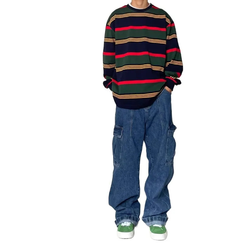 Spring And Autumn Vintage Wide Leg Big Pocket Overalls Men Y2K Neutral Loose Straight Leg Casual High Street Hip Hop Jeans