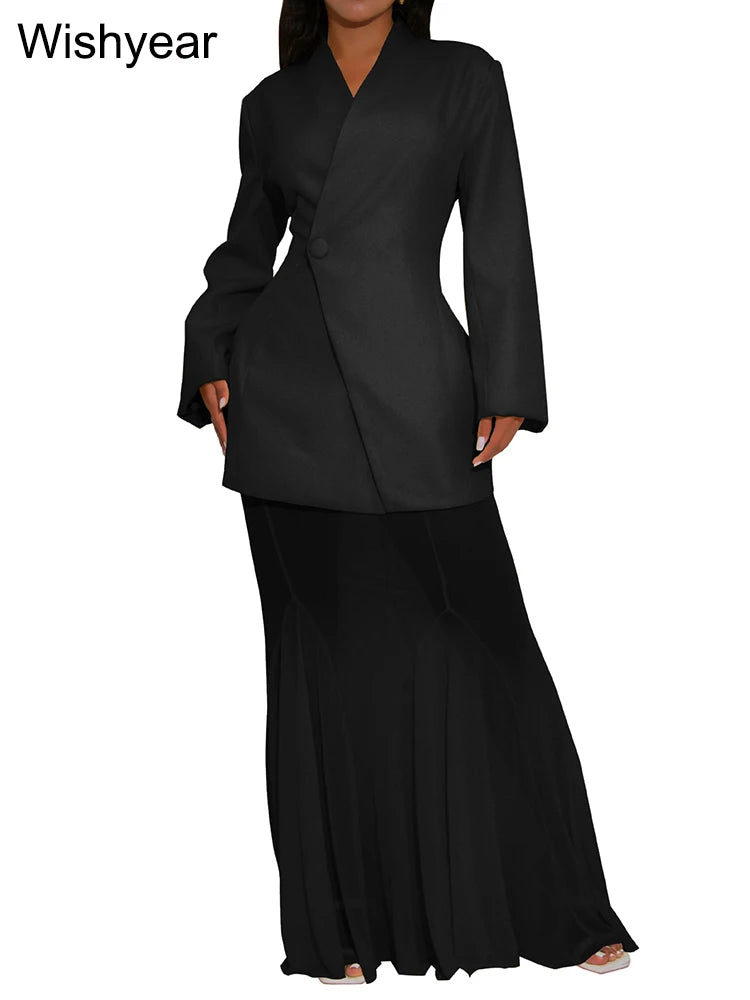 Elegant 2-Piece Office Dress Set for Women Apricot Blazer Coat Mesh Long Skirt Outfit Fashion Birthday Evening Party Guest Wear