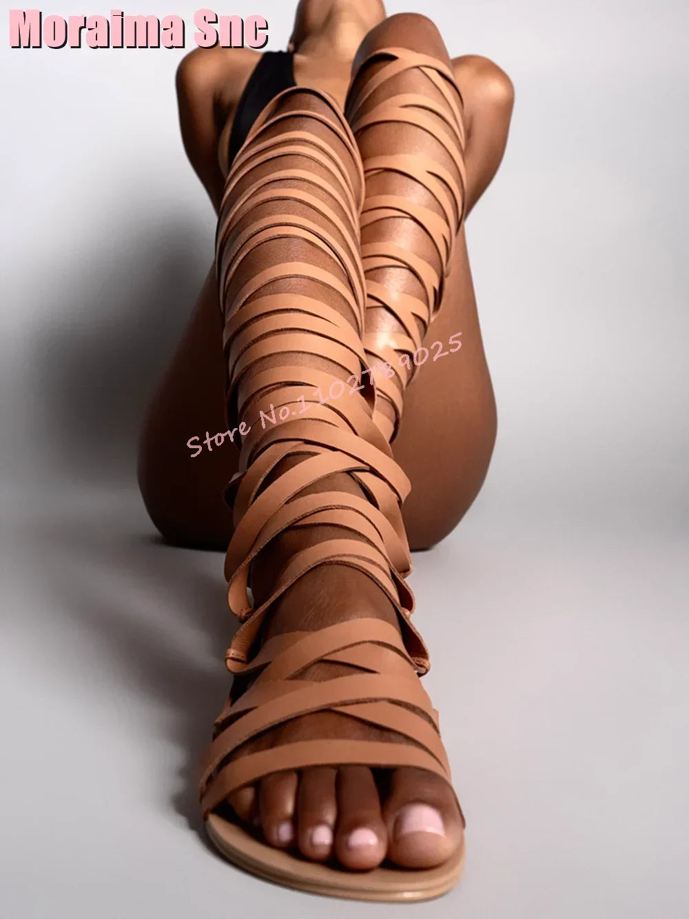 Summer New Knee High Leather Sandal Boots Women Sexy Greek Flat Rear Thin Straps