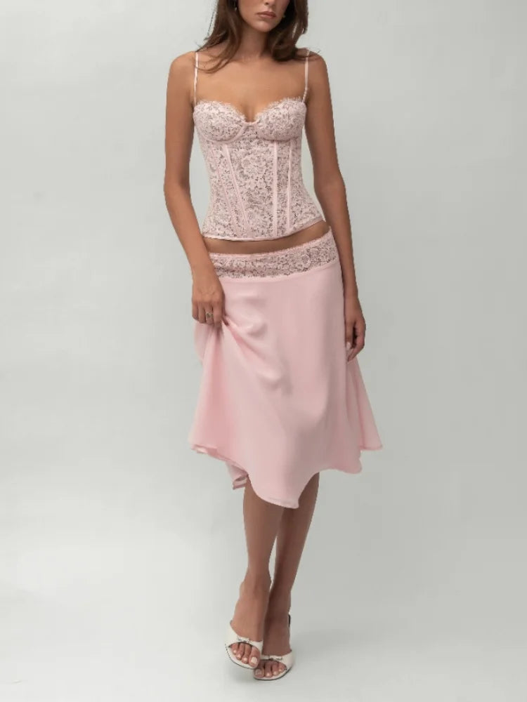 Chic Pink Lace Corset Two-Piece Set Women