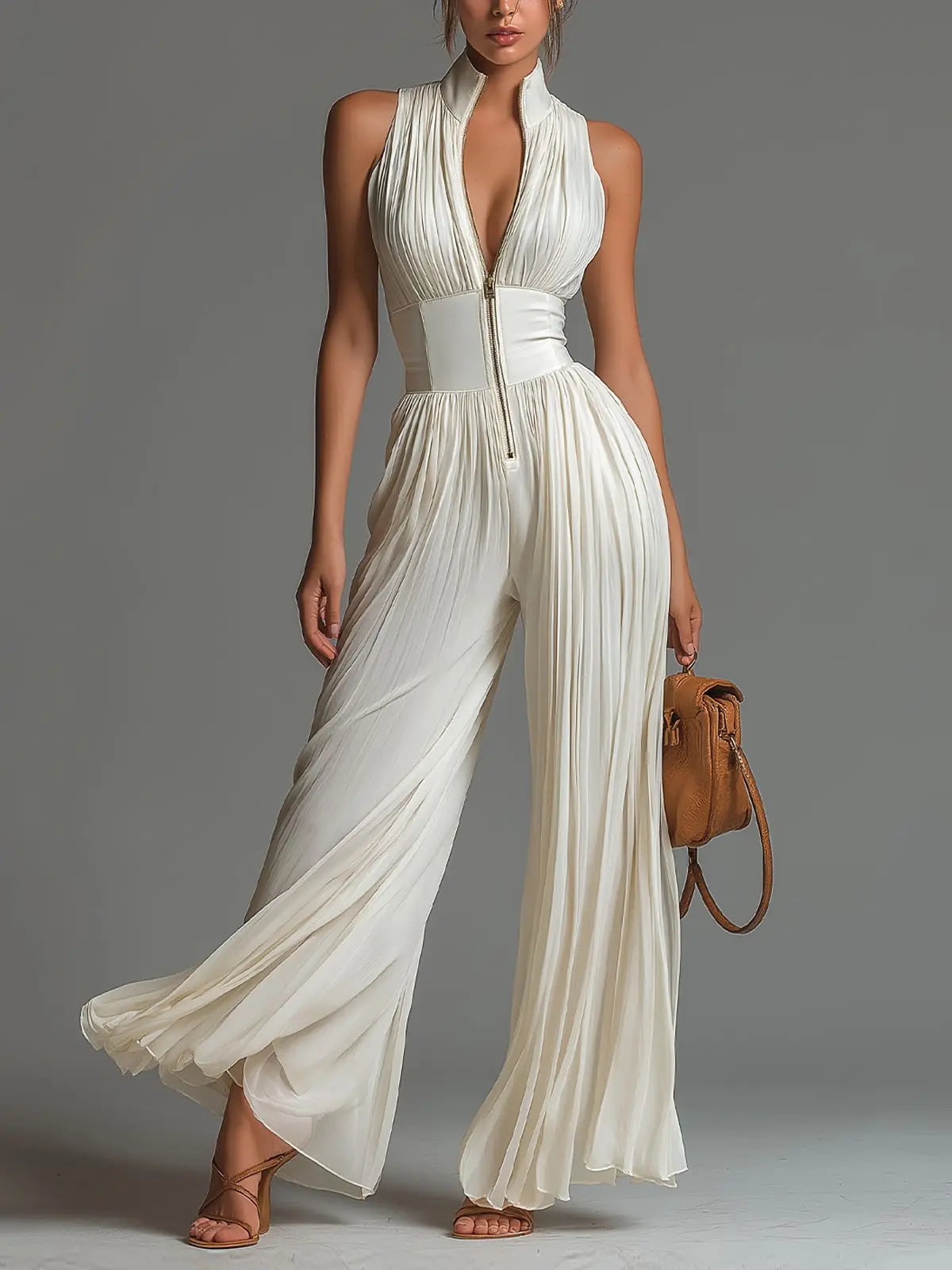 Spring Summer Women White Ruched Halter Jumpsuit