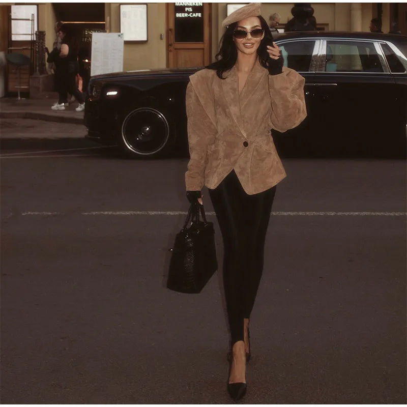Brown Single Breasted Suede Jacket Women's Fashion