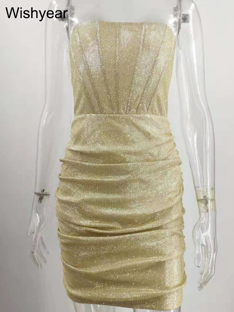 Wishyear Sexy Silvery Glitter Strapless Bodycon Mini Short Dress Woman Summer Elegant Ruched Night Club Birthday Prom Robe 2025