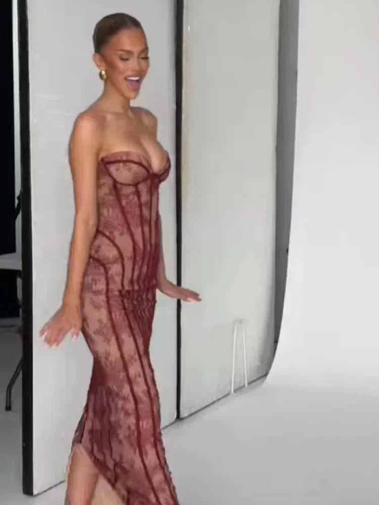 Chic Gauze Fishbone Strapless Dress Women Backless Off-shoulder Waist