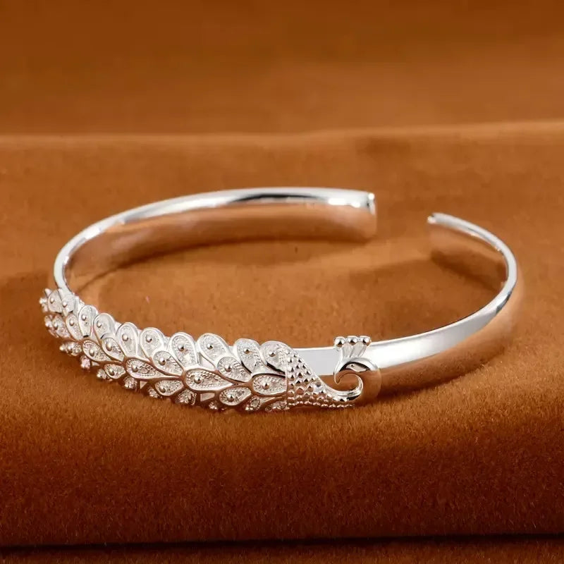 Luxury 925 Sterling Silver Peacock Open Bracelet
