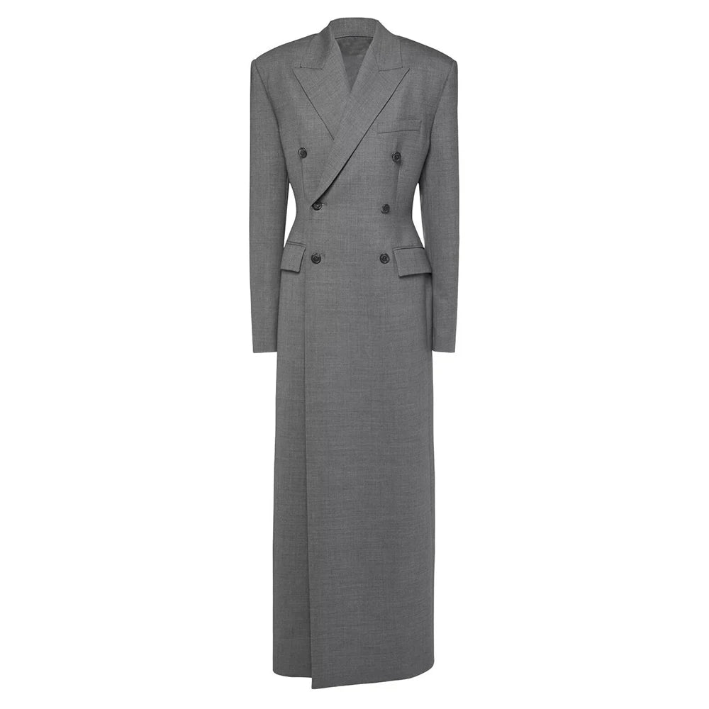 TWOTWINSTYLE Solid Temperament Long Blazers For Women Notched Collar Long Sleeve Tunic Patchwork Double Breasted Coats Female