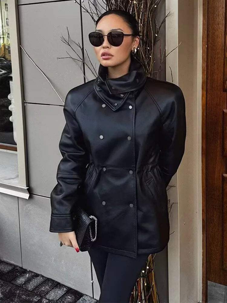HH Women Double Breasted Stand Collar Long Sleeves