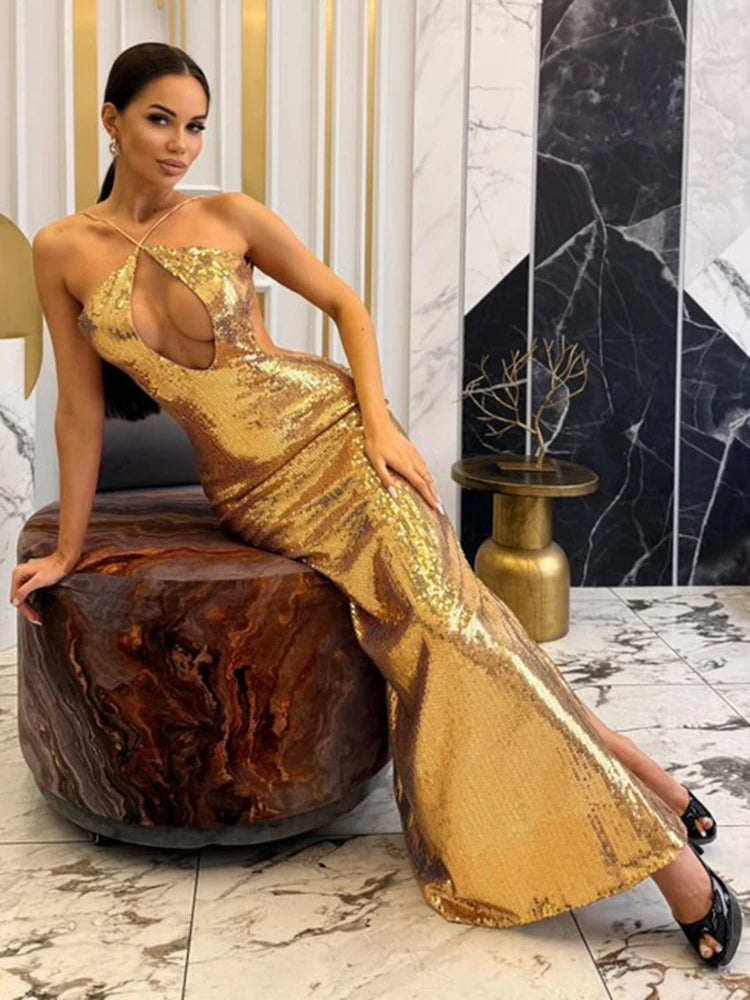 VC Women'S Gold Sequins Luxury Party Gown Sexy Backless Long Dress For Wedding Banquet Party Female Clothing