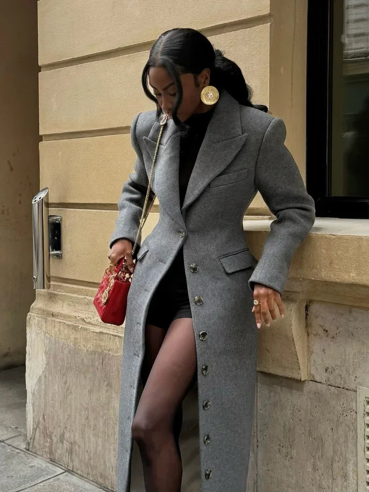 Fashion Waist Cinching Woolen Long Coats For Women Lapel Long Sleeve Single-breasted Shoulder Pad Coat New Lady Commuter Outwear