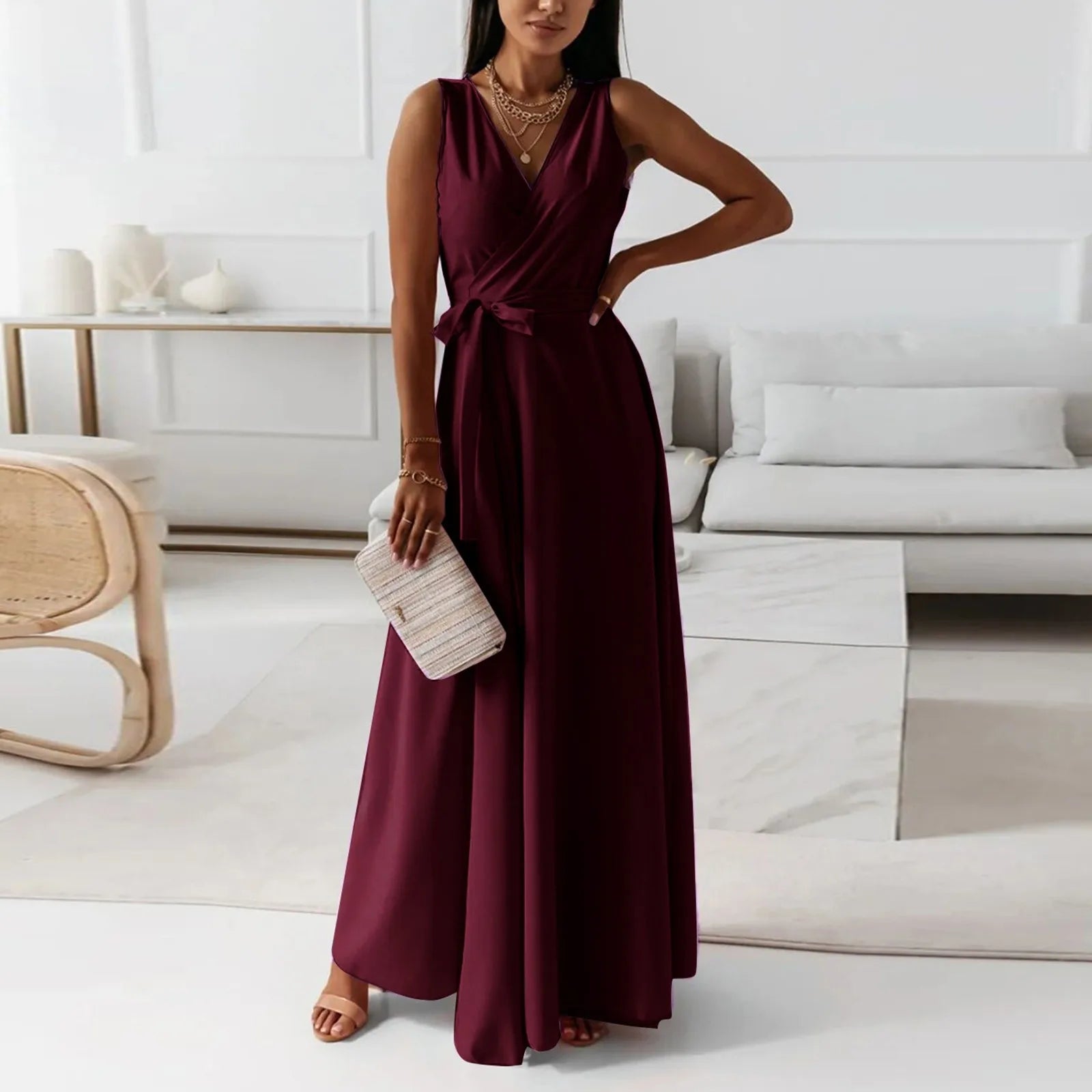 dresses for women elegant party dresses V-neck Sleeveless Belt Evening Dresses
