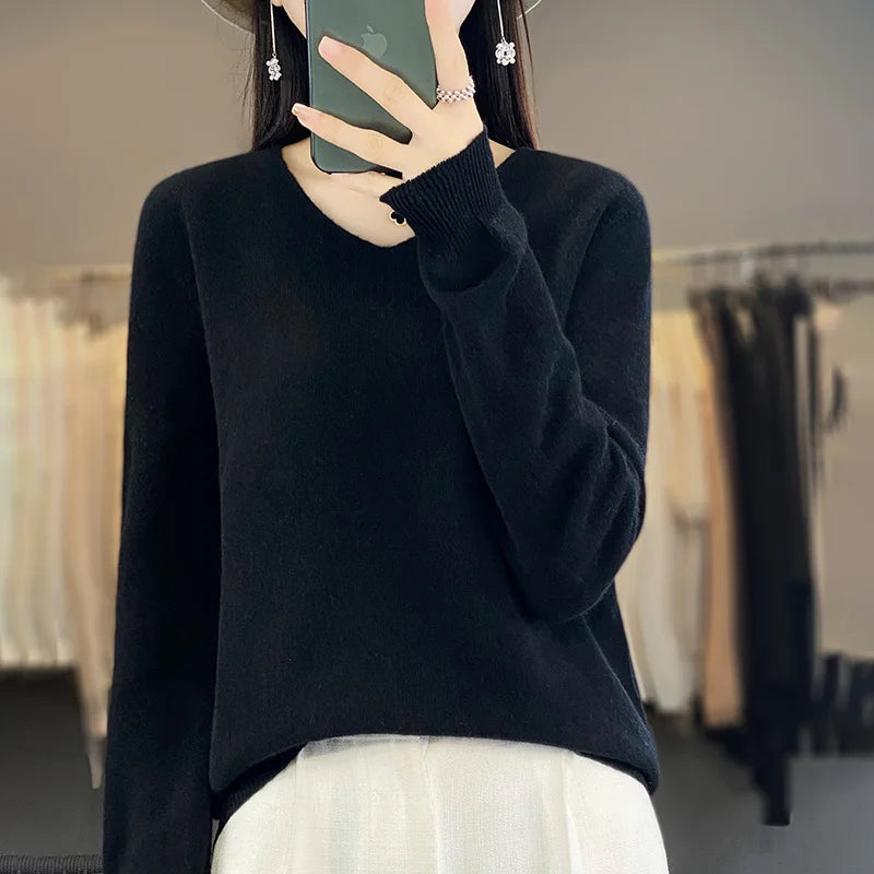 100% Merino Wool V-Neck Sweater for Women