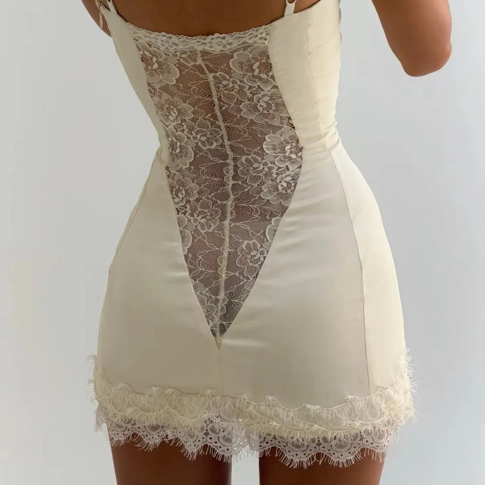 Fashion Sleeveless Lace Patchwork Dress Hollow Out Tank Hollow Out Dress