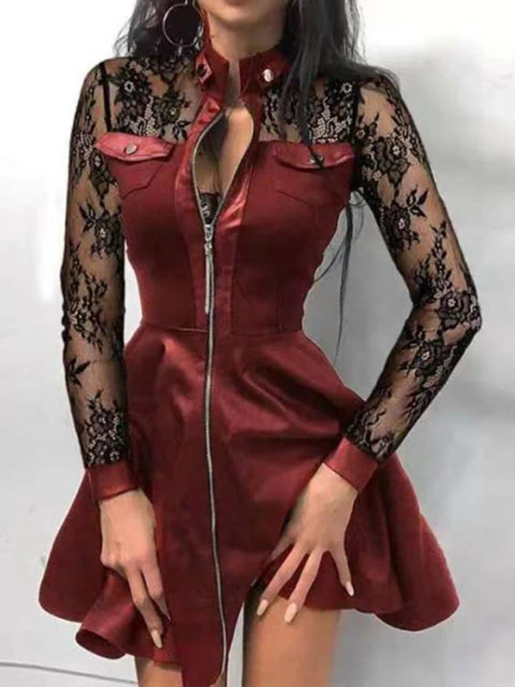 Faux Leather Dress Women Sexy Lace Mini Dress