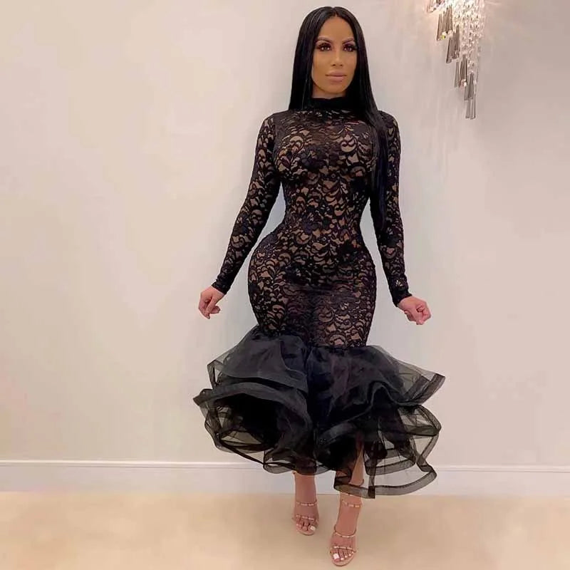 Sexy Night Party Wedding Evening Lace Dress Women See-through Hollow Out Cascading Ruffle Mermaid Bodycon Midi Dress Vestidos