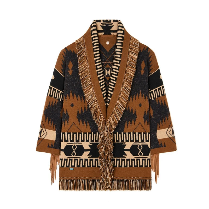 Geometric Jacquard Fringe Belted Waist