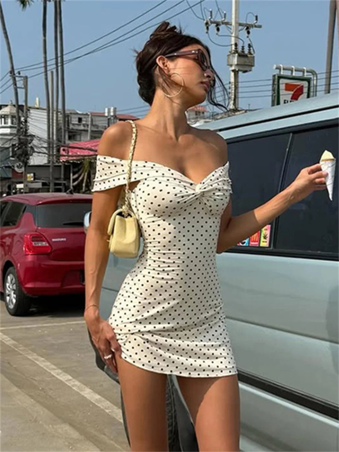 Whatiwear Sexy Trend Dress Women Polka Dot Print Slash Neck