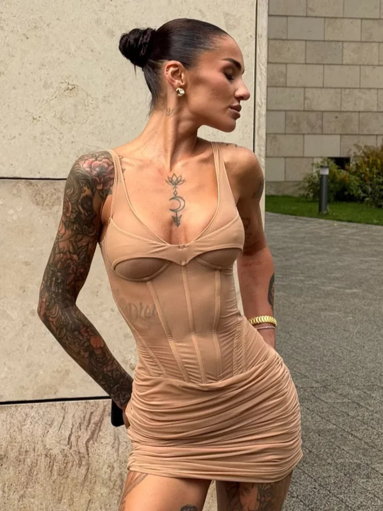 Sexy Solid Fishbone V-neck Dress Women Elegant Solid Sleeveless