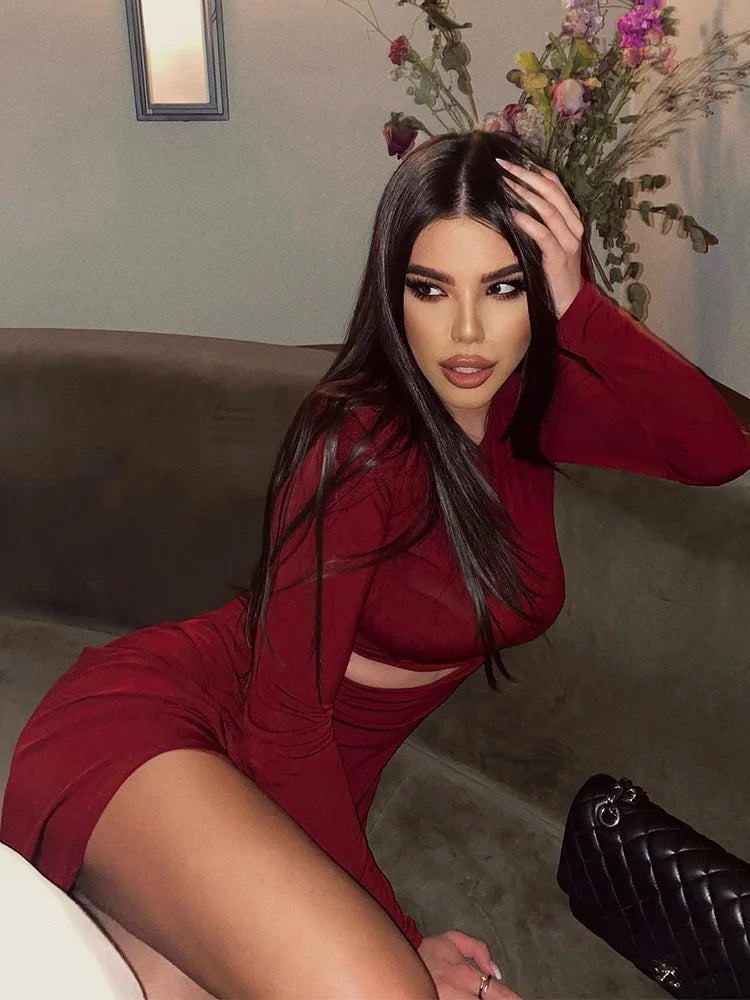 Ahagaga Sexy Women's Maxi Dresses Solid O-Neck Slim Fit Rgular Long Sleeves Hollow Out High Split Bodycon Party Vestidos Robes