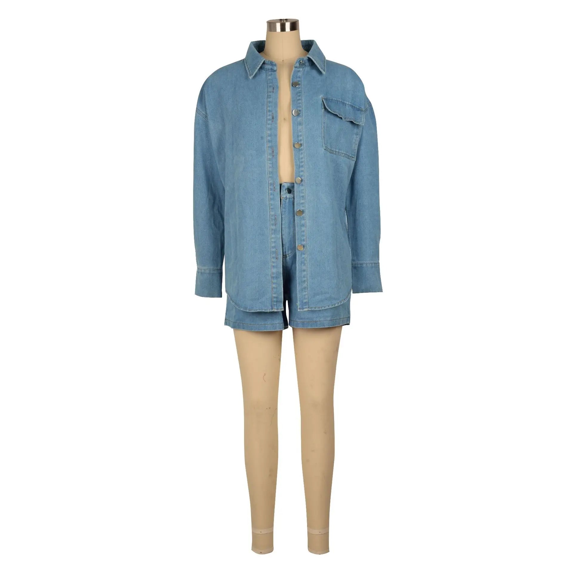 Fashion Women Denim Two 2 Piece Set Long Sleeve Jacket