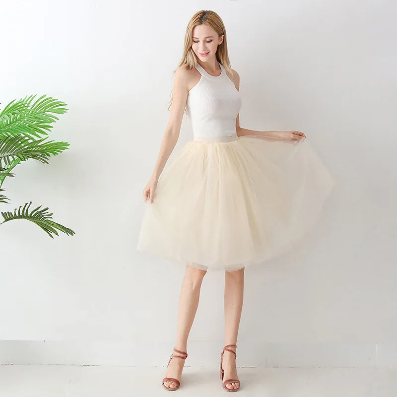 5-Layer Black Pleated Tulle Midi Skirt
