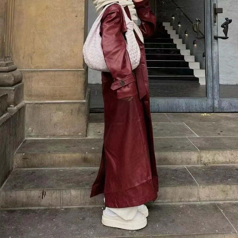 Women Faux Leather Coats Mid Length Jackets Solid Belt