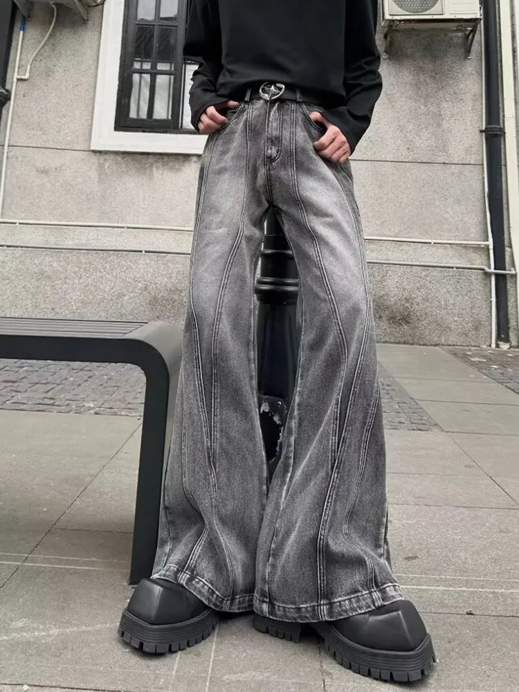 2025 Trashy Y2K Streetwear Washed Grey Baggy Stacked Flare Jeans Pants Men 90S Vintage Clothes Hip Hop Luxury Male Long Trousers