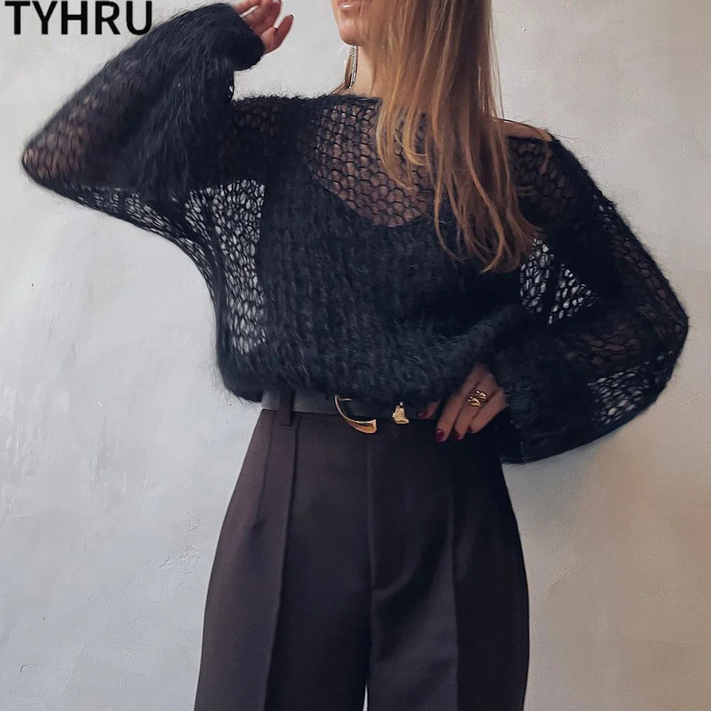 Women’s Hollow Out Mesh Lantern Sleeve Sweater