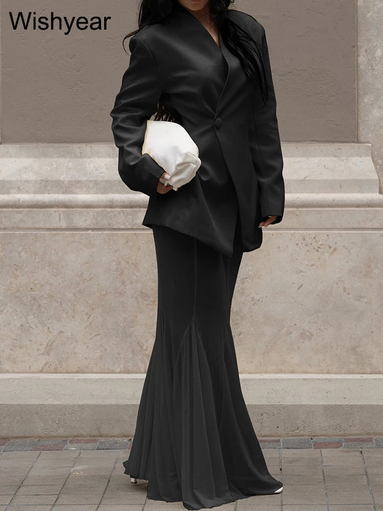 Elegant 2-Piece Office Dress Set for Women Apricot Blazer Coat Mesh Long Skirt Outfit Fashion Birthday Evening Party Guest Wear