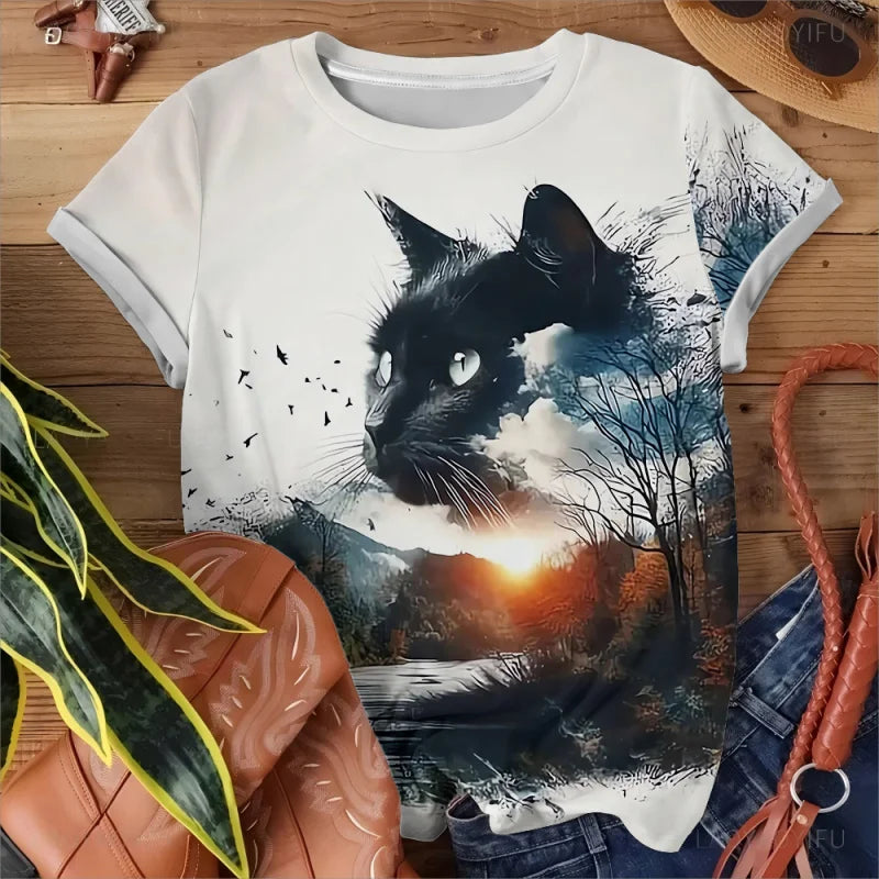 3D Cats Print Oversized T-Shirt